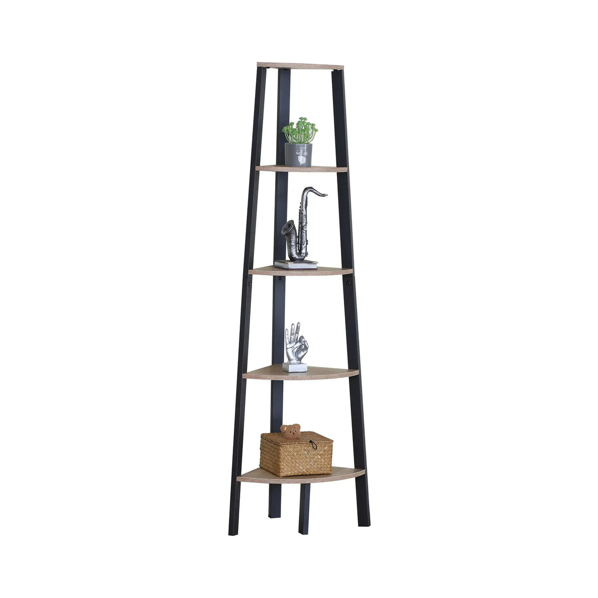 CARLA HOME 5 Tier Corner Shelf - Ladder Bookshelf - Metal Frame - Brown - Rustic