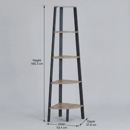 CARLA HOME 5 Tier Corner Shelf - Ladder Bookshelf - Metal Frame - Brown - Rustic