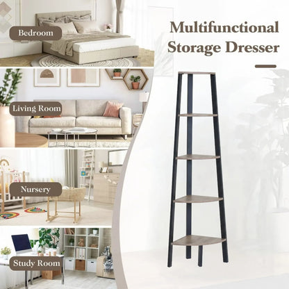 CARLA HOME 5 Tier Corner Shelf - Ladder Bookshelf - Metal Frame - Brown - Rustic