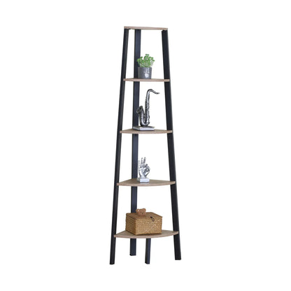 CARLA HOME 5 Tier Corner Shelf - Ladder Bookshelf - Metal Frame - Brown - Rustic