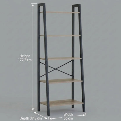 CARLA HOME 5 Tier Ladder Shelf - Wood Metal Display Bookcase - Brown - Rustic - Steel