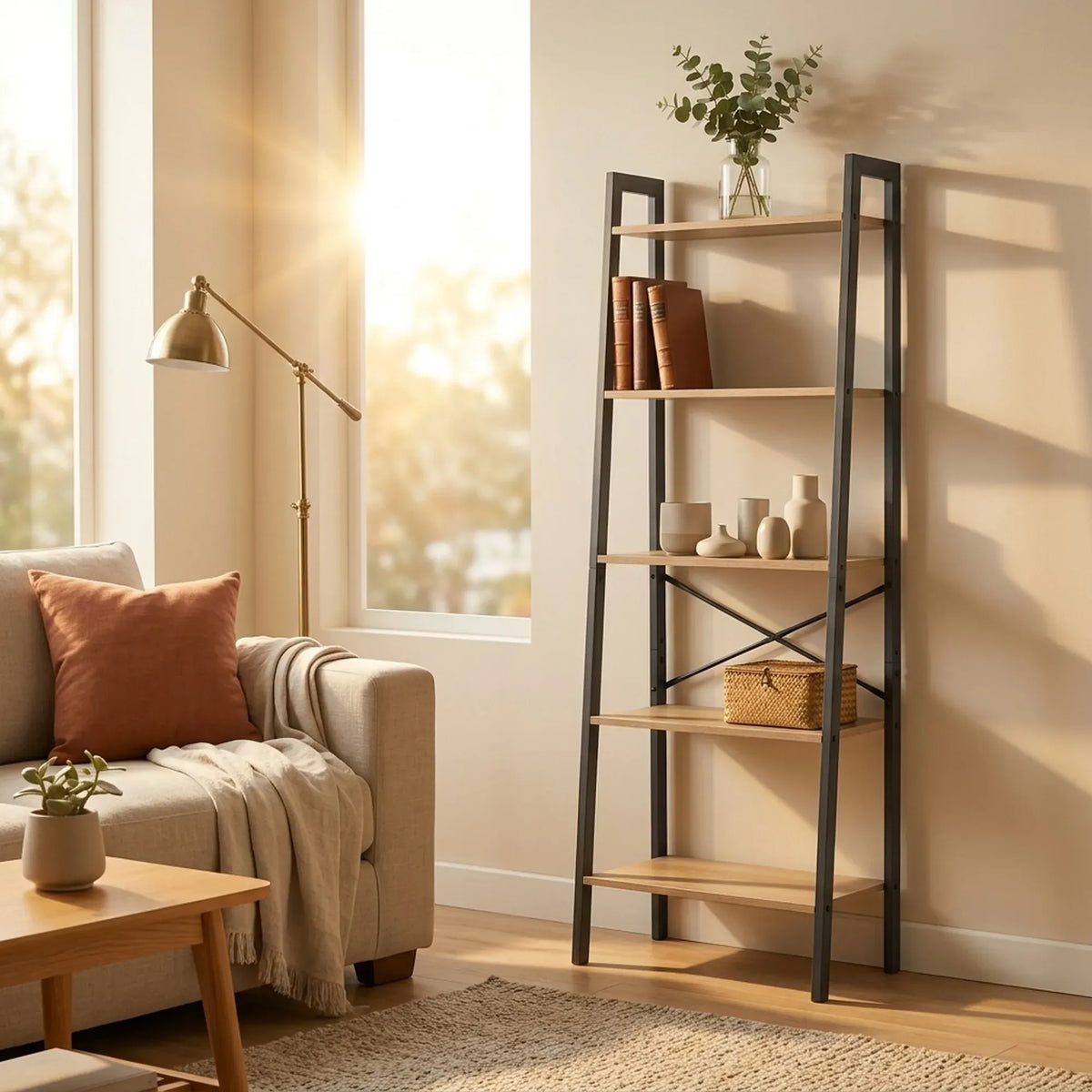 CARLA HOME 5 Tier Ladder Shelf - Wood Metal Display Bookcase - Brown - Rustic - Steel