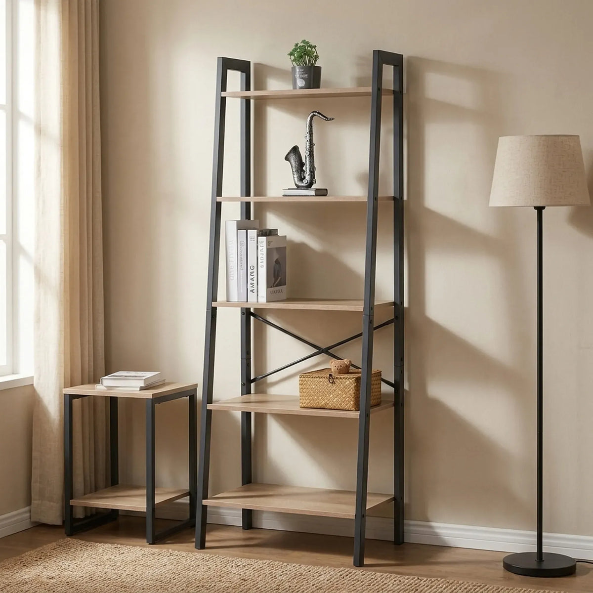 CARLA HOME 5 Tier Ladder Shelf - Wood Metal Display Bookcase - Brown - Rustic - Steel