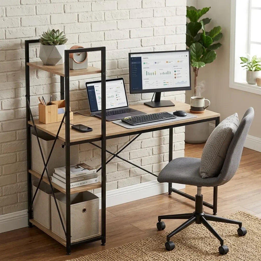 CARLA HOME Computer Desk with 4 Shelf Bookcase - Steel - Brown - Rustic - Office Desk Computer