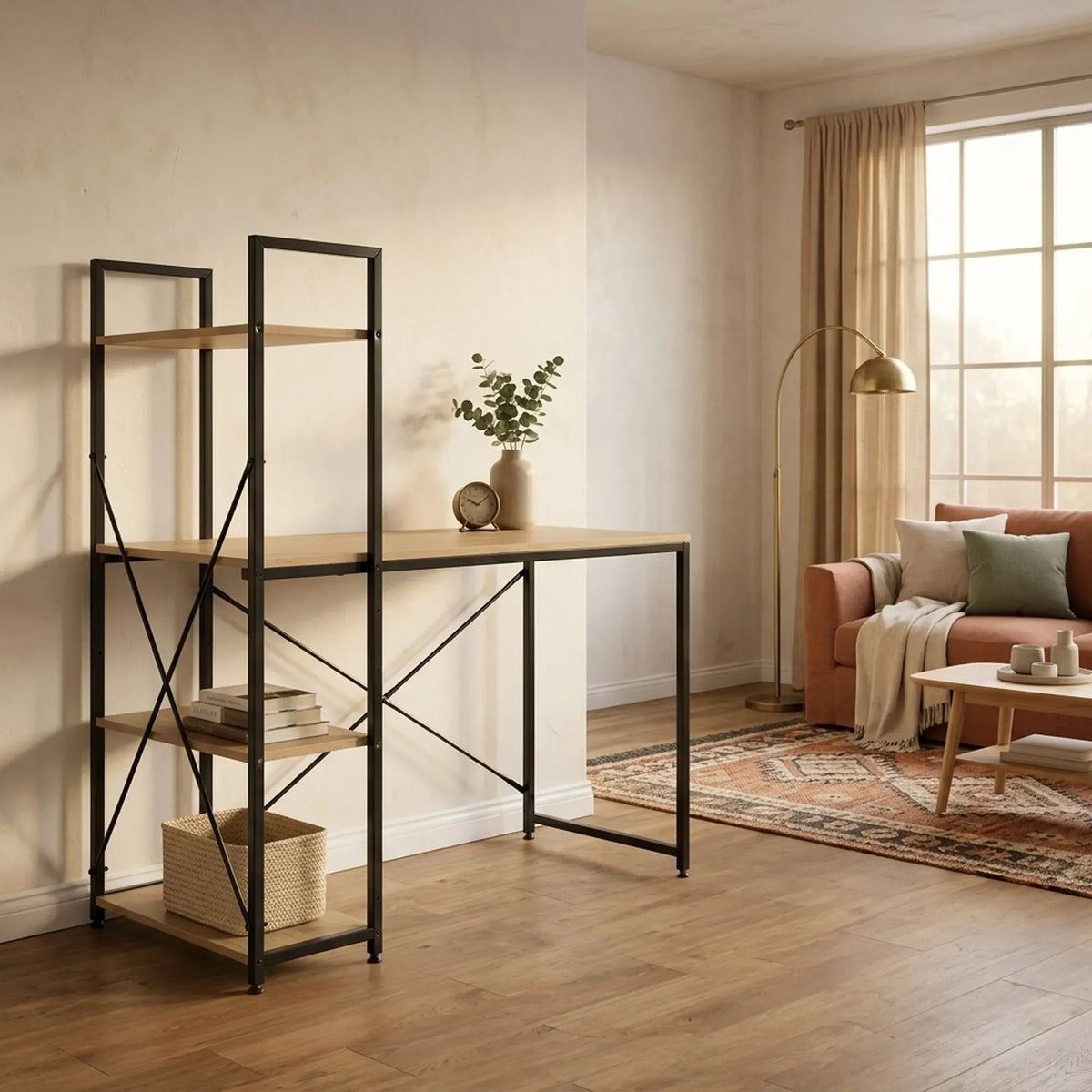 CARLA HOME Computer Desk with 4 Shelf Bookcase - Steel - Brown - Rustic - Office Desk Computer