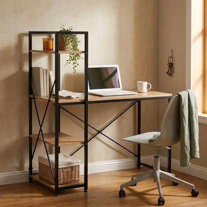 CARLA HOME Computer Desk with 4 Shelf Bookcase - Steel - Brown - Rustic - Office Desk Computer