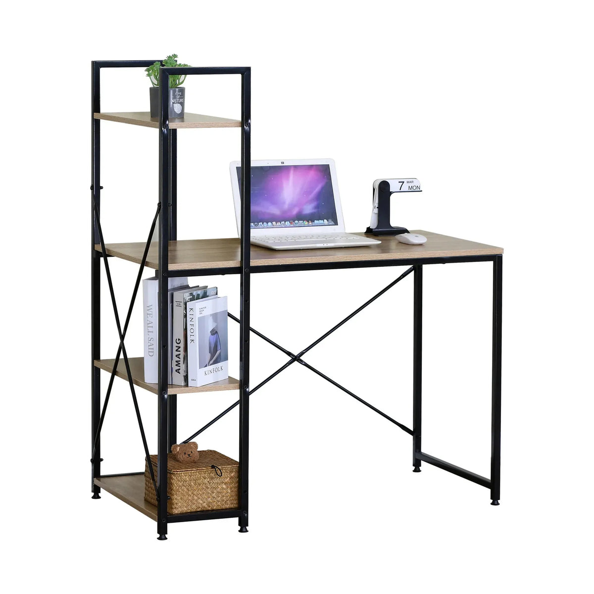 CARLA HOME Computer Desk with 4 Shelf Bookcase - Steel - Brown - Rustic - Office Desk Computer