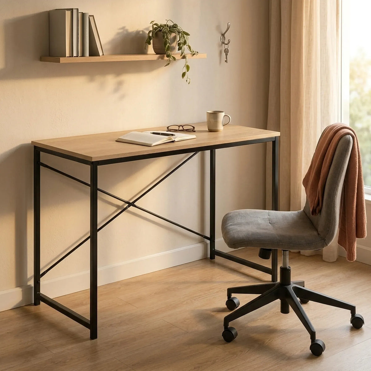CARLA HOME Office Desk Computer Table - Metal Frame - Oak - 100cm - Brown - Rustic