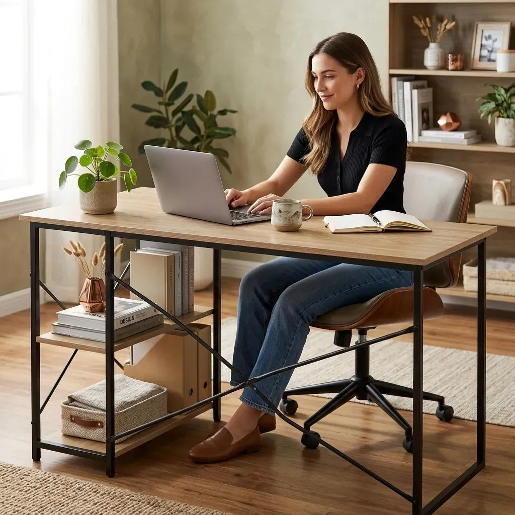 CARLA HOME Office Desk with 2 Shelves - Metal Frame - Natural - 120cm - Brown - Rustic