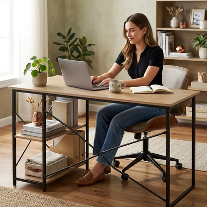 CARLA HOME Office Desk with 2 Shelves - Metal Frame - Natural - 120cm - Brown - Rustic