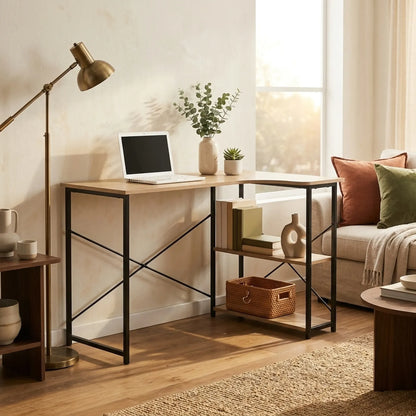 CARLA HOME Office Desk with 2 Shelves - Metal Frame - Natural - 120cm - Brown - Rustic