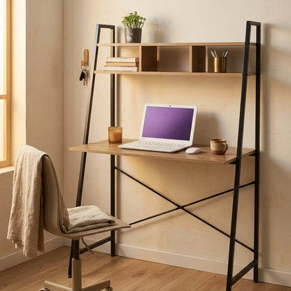 CARLA HOME Ladder Desk with Shelves - Steel Frame - Oak - 84cm - Brown - Study Desk