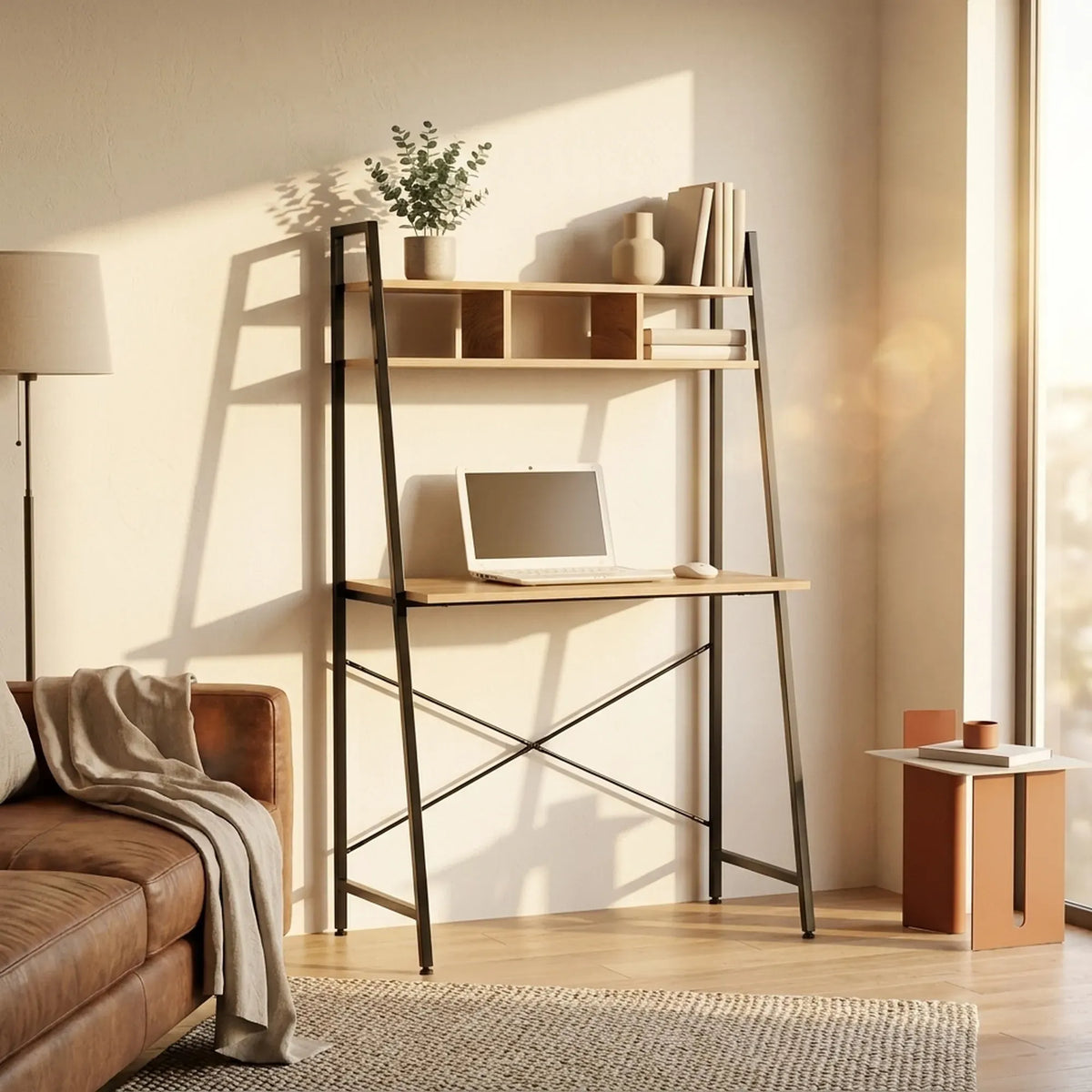 CARLA HOME Ladder Desk with Shelves - Steel Frame - Oak - 84cm - Brown - Study Desk