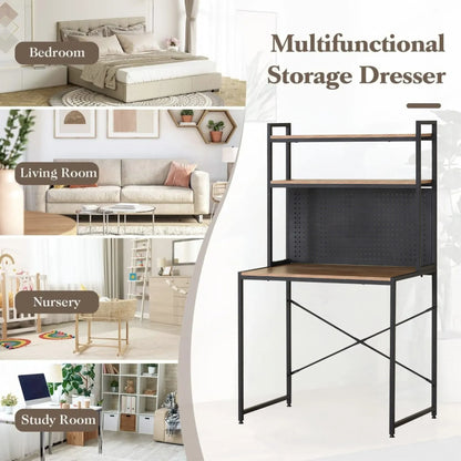 CARLA HOME Computer Desk with Hutch Shelves and Pegboard - Brown - Rustic - Steel