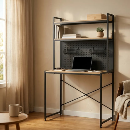 CARLA HOME Computer Desk with Hutch Shelves and Pegboard - Brown - Rustic - Steel