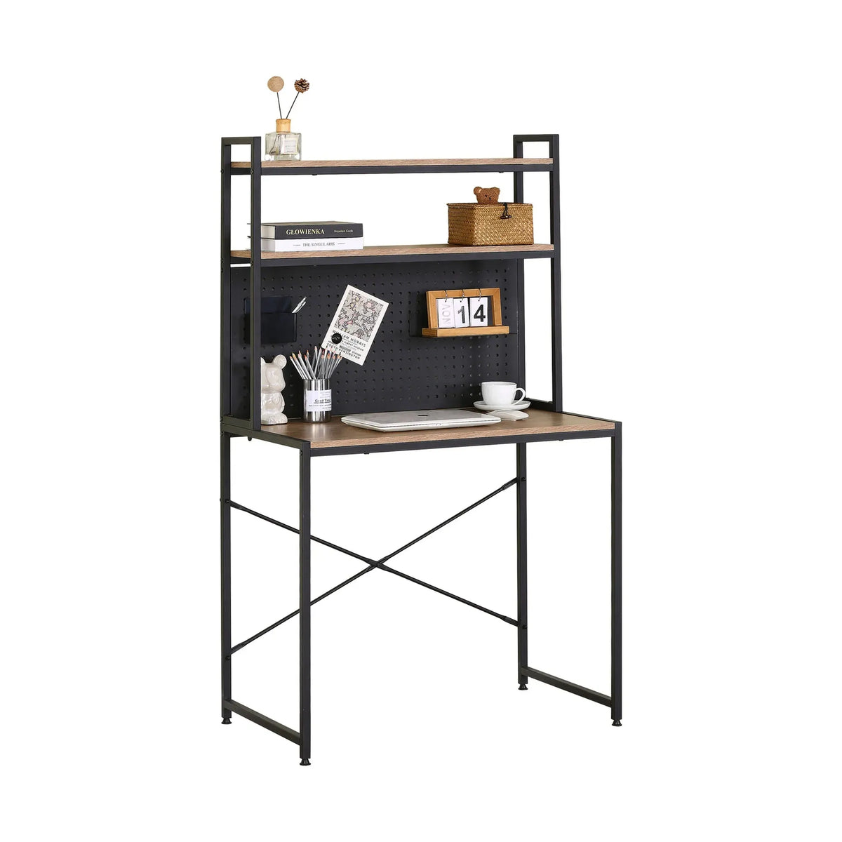CARLA HOME Computer Desk with Hutch Shelves and Pegboard - Brown - Rustic - Steel
