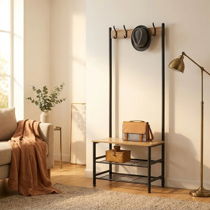 CARLA HOME Hall Tree Coat Rack with Bench - 5 Hooks - Brown - Rustic - Garment Rack