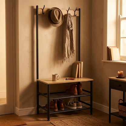 CARLA HOME Hall Tree Coat Rack with Bench - 5 Hooks - Brown - Rustic - Garment Rack