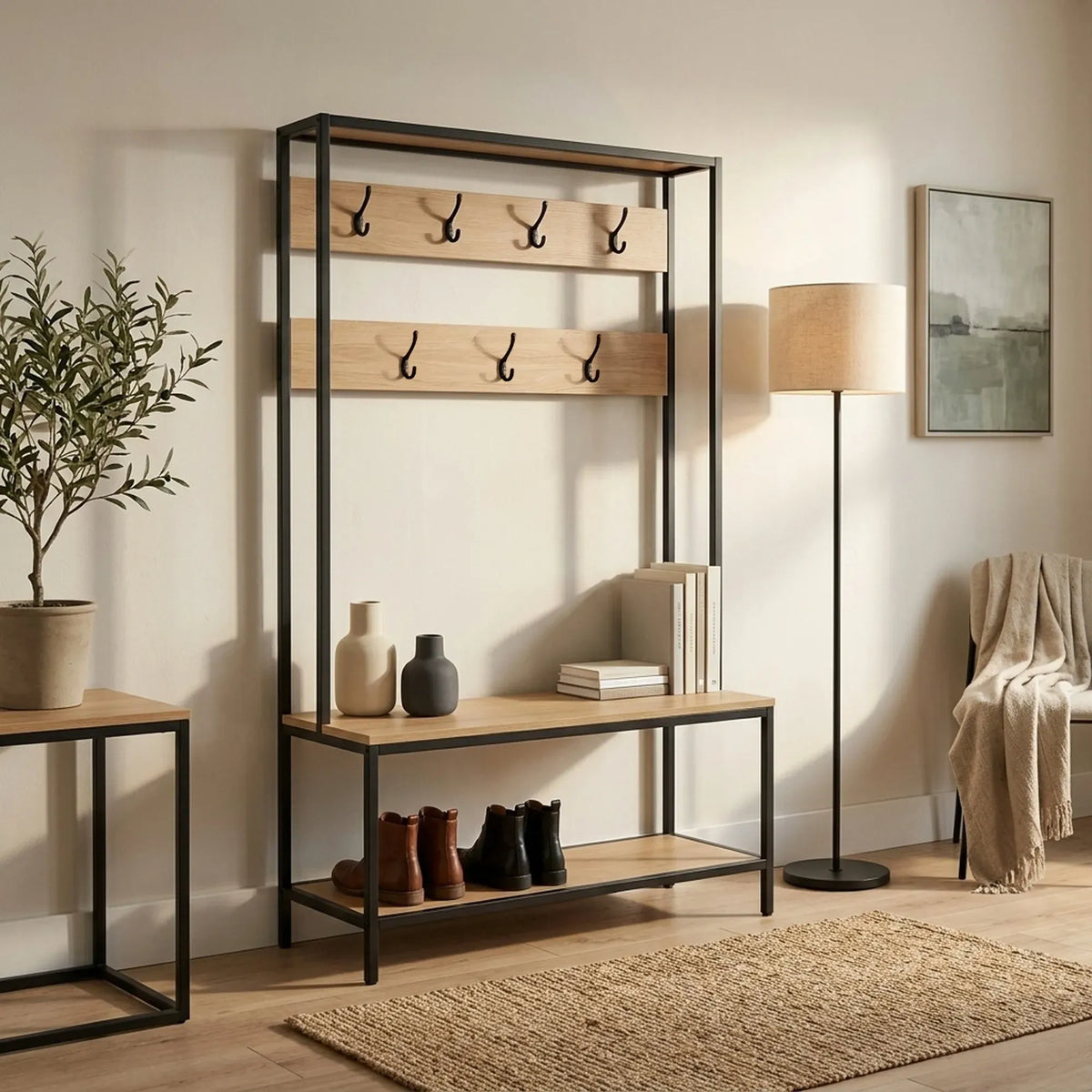 CARLA HOME Hall Tree Coat Rack with Bench - 8 Hooks - Brown - Rustic - Garment Rack