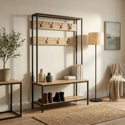 CARLA HOME Hall Tree Coat Rack with Bench - 8 Hooks - Brown - Rustic - Garment Rack
