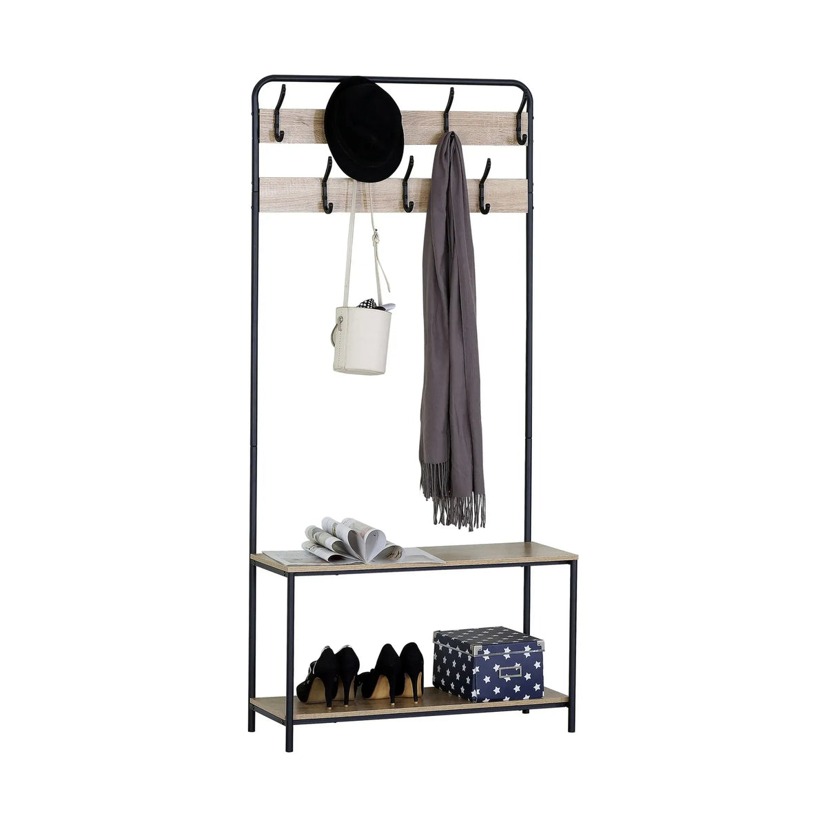 CARLA HOME Hall Tree Coat Rack with Bench - 8 Hooks - Brown - Rustic - Garment Rack