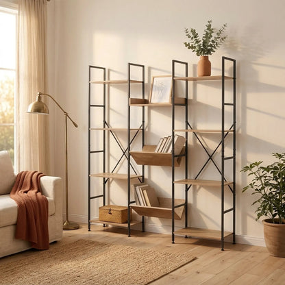 CARLA HOME 12 - Shelf Bookcase - Wood Metal Display Shelf - Brown - Rustic - Steel