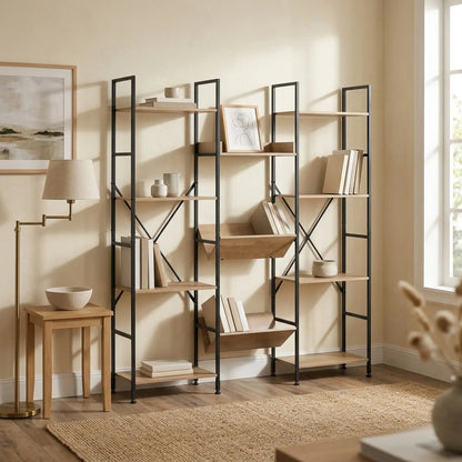 CARLA HOME 12 - Shelf Bookcase - Wood Metal Display Shelf - Brown - Rustic - Steel
