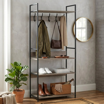CARLA HOME Freestanding Garment Rack - 5 Hooks 4 Shelves - Brown - Rustic - Steel