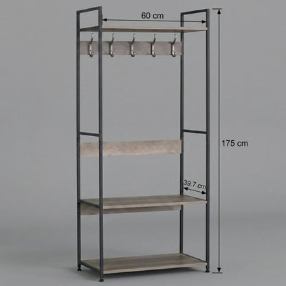 CARLA HOME Freestanding Garment Rack - 5 Hooks 4 Shelves - Brown - Rustic - Steel