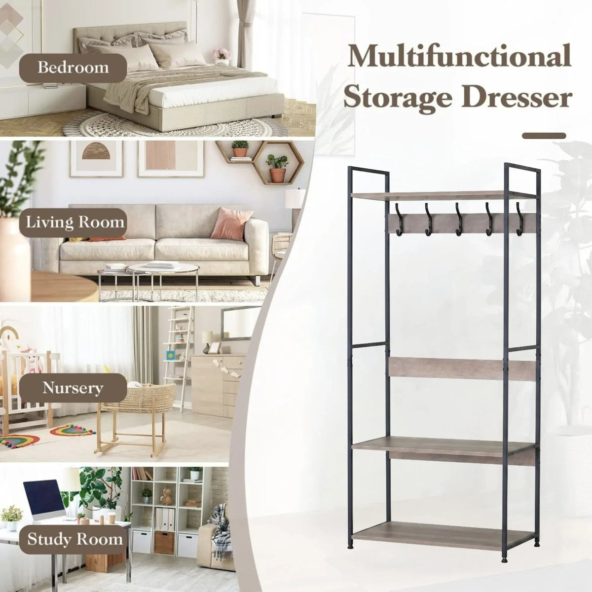 CARLA HOME Freestanding Garment Rack - 5 Hooks 4 Shelves - Brown - Rustic - Steel