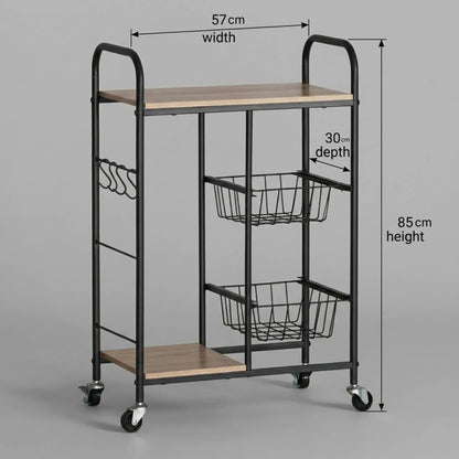 CARLA HOME Kitchen Trolley Cart with Wire Baskets - Brown - Rustic - Steel - Kitchen Rolling Cart