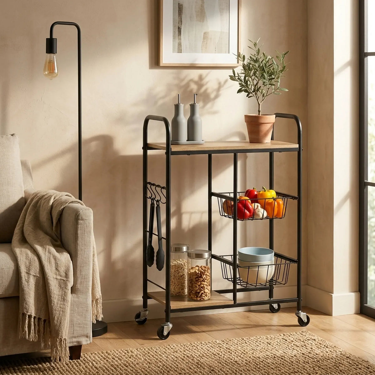 CARLA HOME Kitchen Trolley Cart with Wire Baskets - Brown - Rustic - Steel - Kitchen Rolling Cart