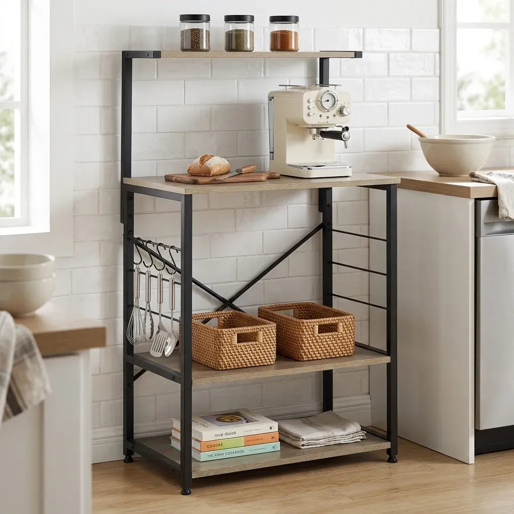 CARLA HOME 4 Tier Bakers Rack Microwave Stand - Oak Finish - Brown - Kitchen Rack