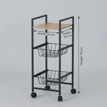 CARLA HOME 3 Tier Rolling Kitchen Trolley Cart - Rustic Brown - Steel - Kitchen Rolling Cart