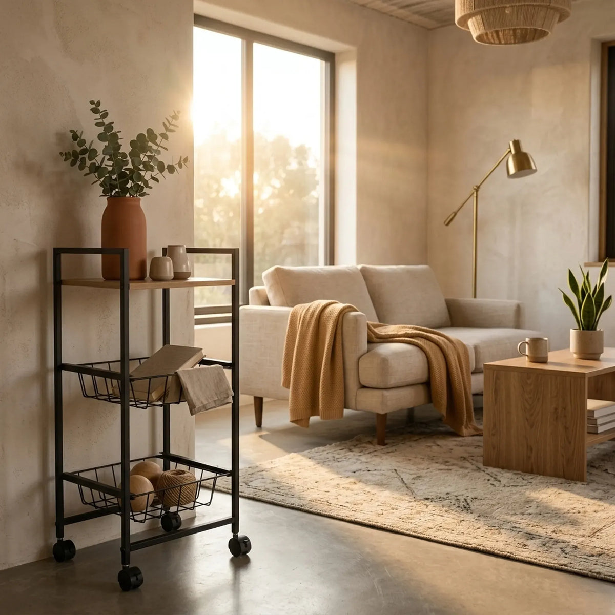 CARLA HOME 3 Tier Rolling Kitchen Trolley Cart - Rustic Brown - Steel - Kitchen Rolling Cart