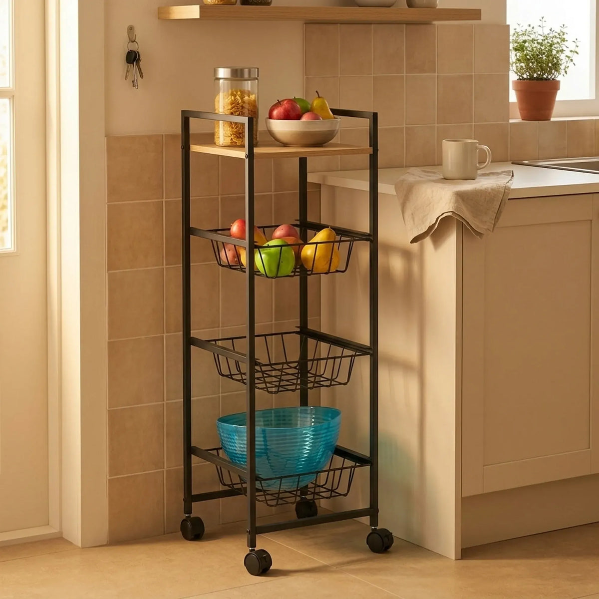 CARLA HOME 4 Tier Rolling Kitchen Trolley Cart - Rustic Brown - Steel - Kitchen Rolling Cart