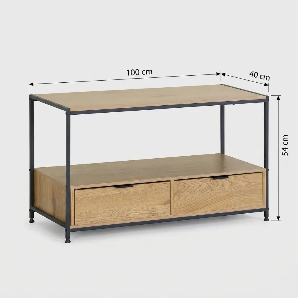 CARLA HOME Coffee Table with 2 Drawers - Open Shelf - Brown - Rustic - Steel - Living Room Bedroom