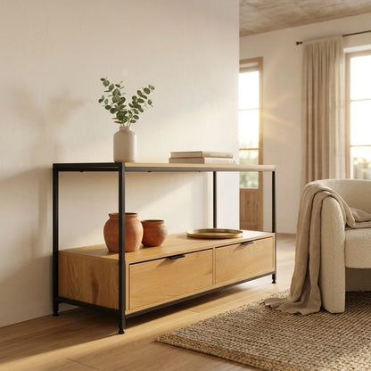 CARLA HOME Coffee Table with 2 Drawers - Open Shelf - Brown - Rustic - Steel - Living Room Bedroom