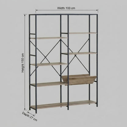 CARLA HOME 7 Shelf Bookcase - Wood Metal Display Shelf - Brown - Rustic - Steel - Living Room Office