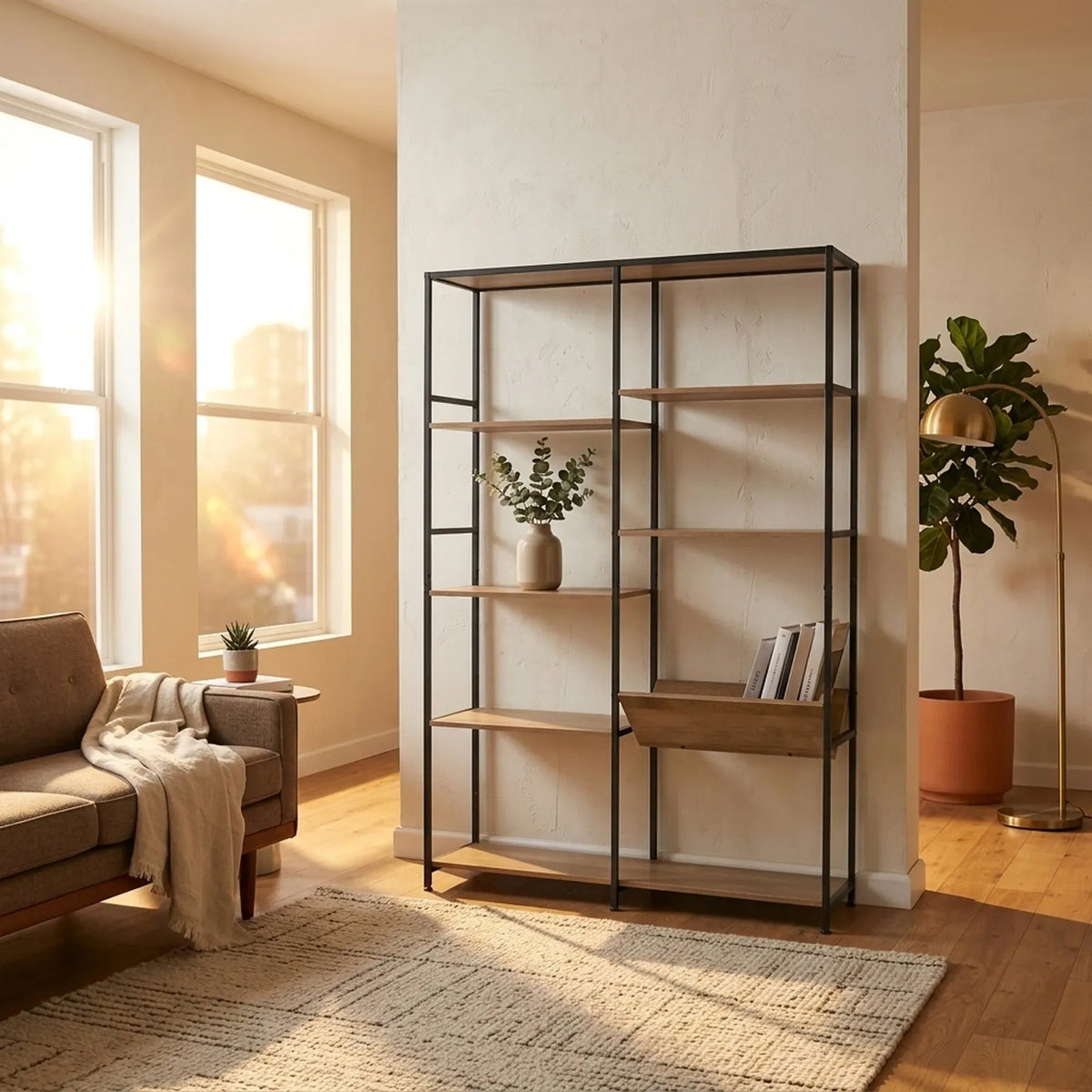 CARLA HOME 7 Shelf Bookcase - Wood Metal Display Shelf - Brown - Rustic - Steel - Living Room Office