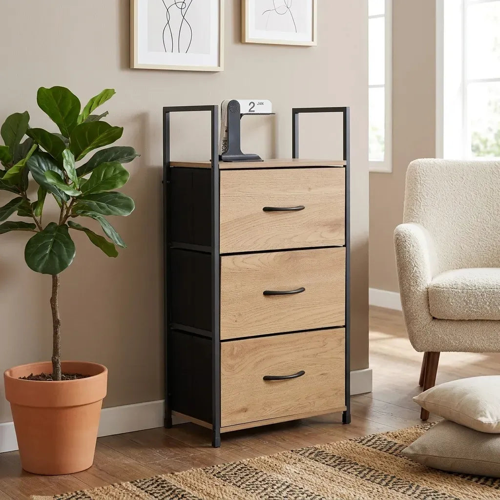 CARLA HOME 3 Drawer Tallboy Storage Cabinet - Brown - Rustic - Steel - Chest Drawers Tallboy