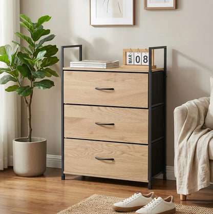 CARLA HOME 3 Drawer Tallboy Large Storage Cabinet - Brown - Rustic - Steel - Chest Drawers Tallboy