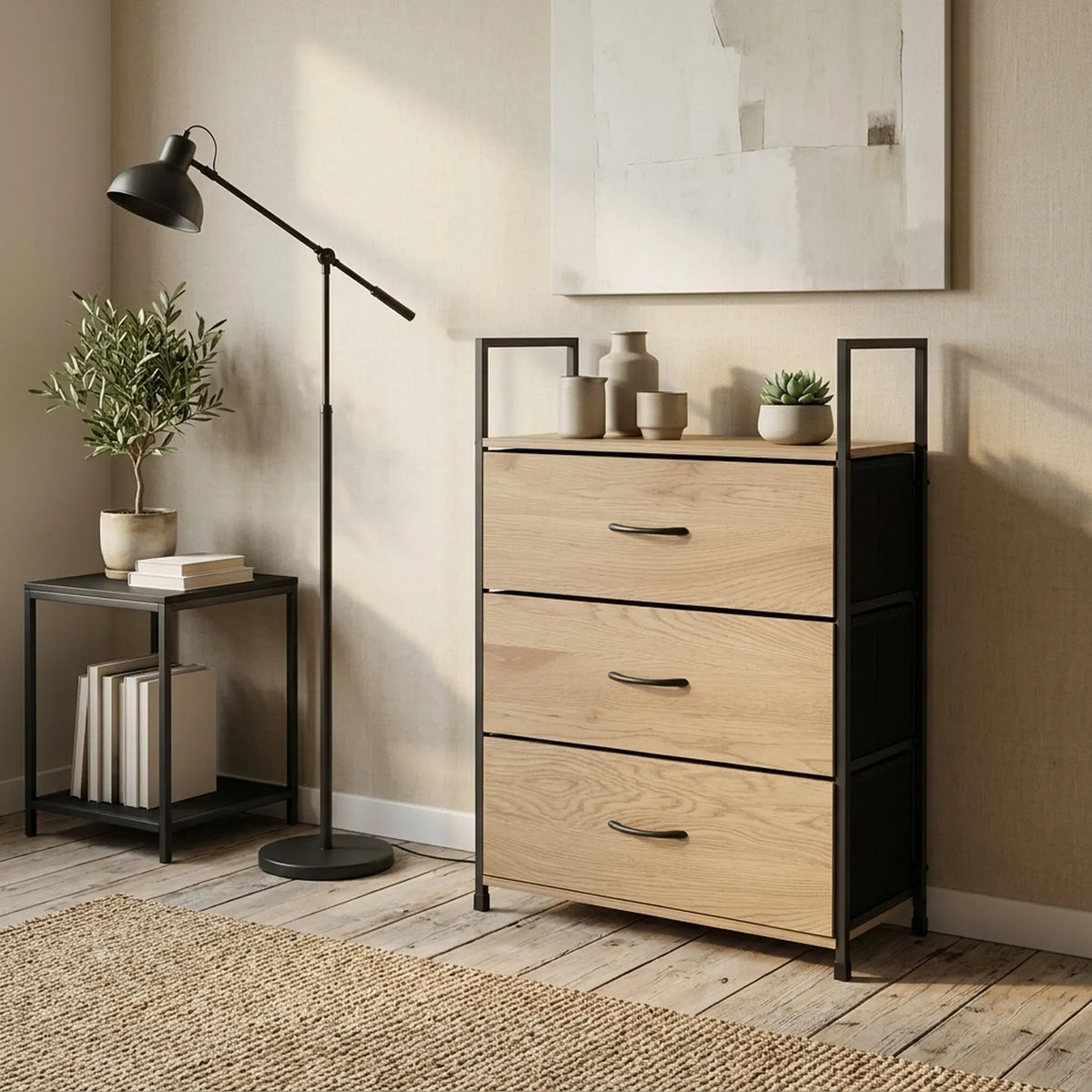 CARLA HOME 3 Drawer Tallboy Large Storage Cabinet - Brown - Rustic - Steel - Chest Drawers Tallboy