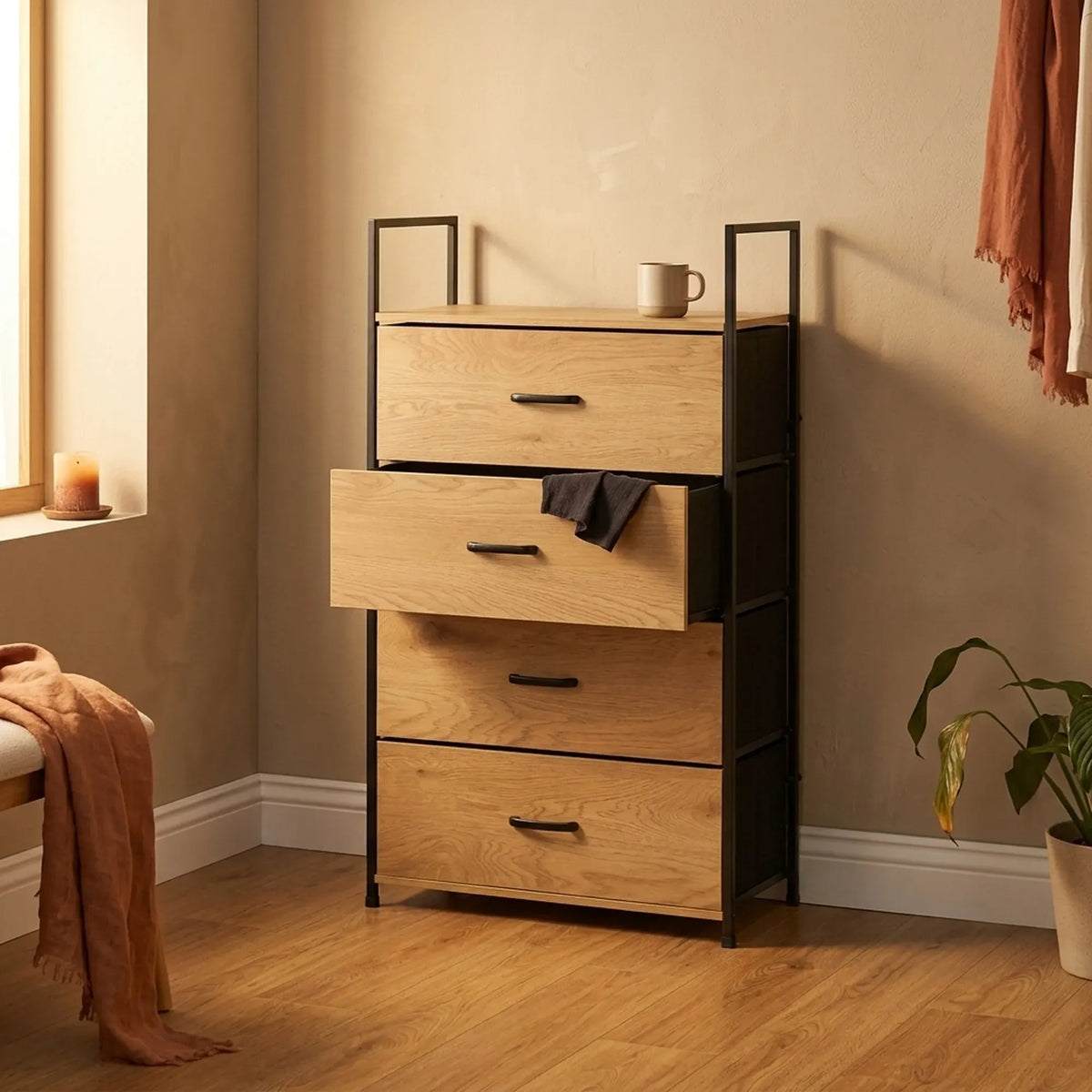 CARLA HOME 4 Drawer Tallboy Large Storage Cabinet - Brown - Rustic - Steel - Chest Drawers Tallboy