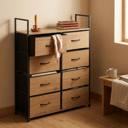 CARLA HOME 8 Drawer Tallboy Large Storage Cabinet - Brown - Rustic - Steel - Chest Drawers Tallboy