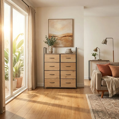 CARLA HOME 8 Drawer Tallboy Large Storage Cabinet - Brown - Rustic - Steel - Chest Drawers Tallboy