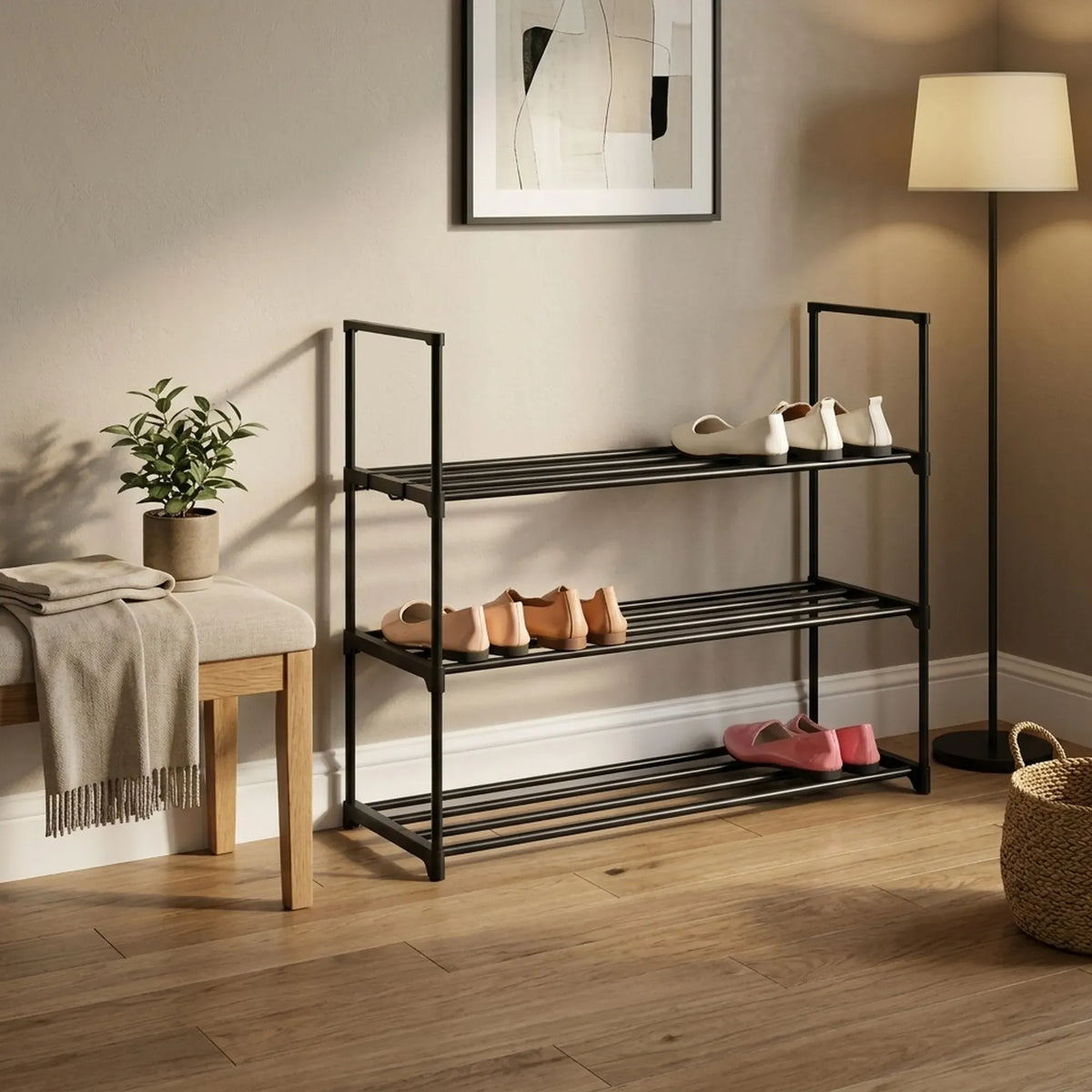 CARLA HOME 3 Tier Metal Shoe Rack - Free Standing Organiser - Black - Basic - Steel