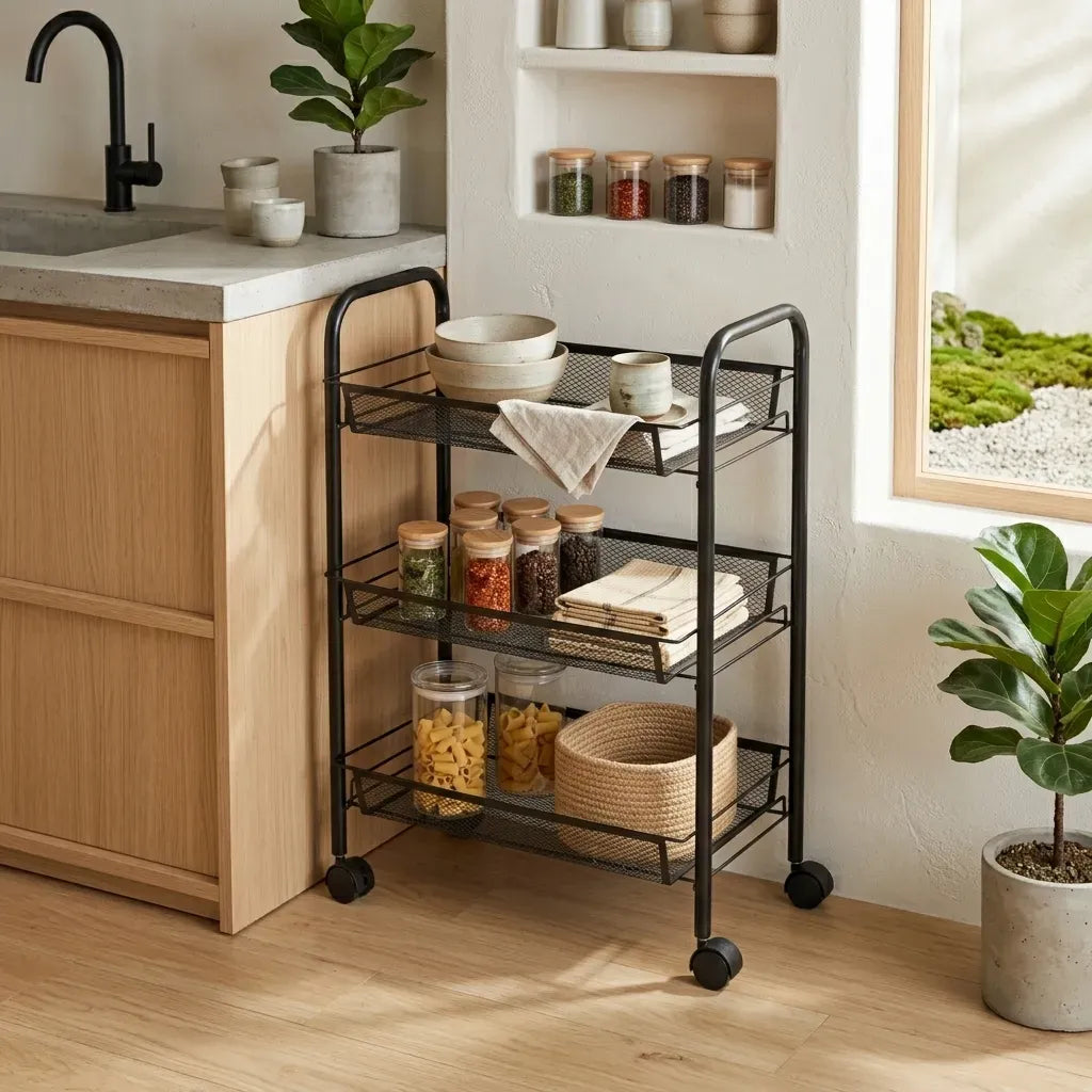 CARLA HOME 3 Tier Rolling Kitchen Trolley Cart - Metal Mesh - Black - Basic - Steel