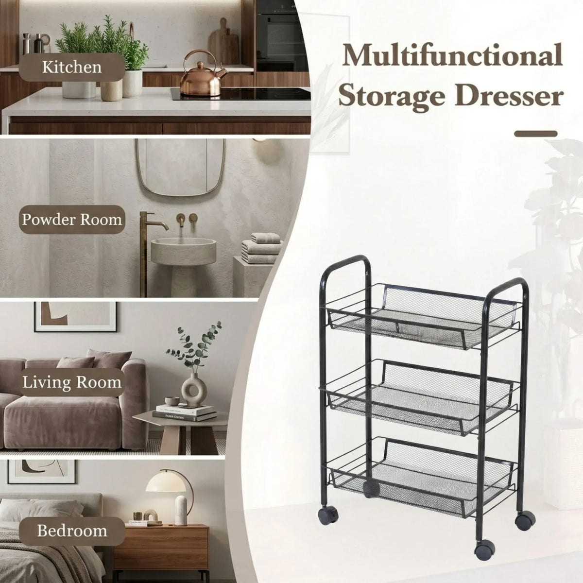 CARLA HOME 3 Tier Rolling Kitchen Trolley Cart - Metal Mesh - Black - Basic - Steel