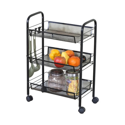 CARLA HOME 3 Tier Rolling Kitchen Trolley Cart - Metal Mesh - Black - Basic - Steel